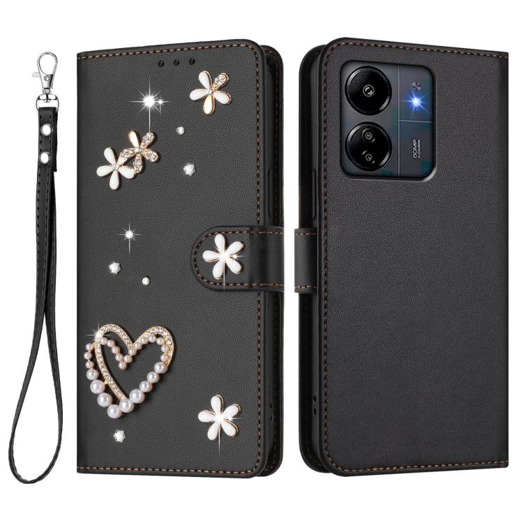 For Redmi 13C 5G/4G / Poco C65 / Poco M6 5G ZS01 Double-Layer Heart Floral Vegan Leather Phone Case with Wrist Strap