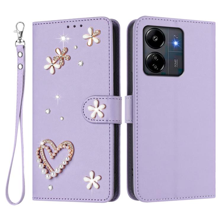 For Redmi 13C 5G/4G / Poco C65 / Poco M6 5G ZS01 Double-Layer Heart Floral Vegan Leather Phone Case with Wrist Strap
