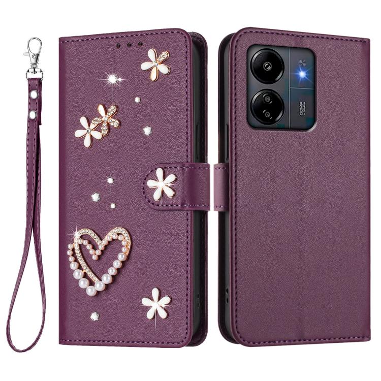 For Redmi 13C 5G/4G / Poco C65 / Poco M6 5G ZS01 Double-Layer Heart Floral Vegan Leather Phone Case with Wrist Strap