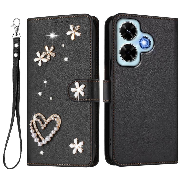 For Redmi Note 13 4G Global ZS01 Double-Layer Heart Floral Vegan Leather Phone Case with Wrist Strap