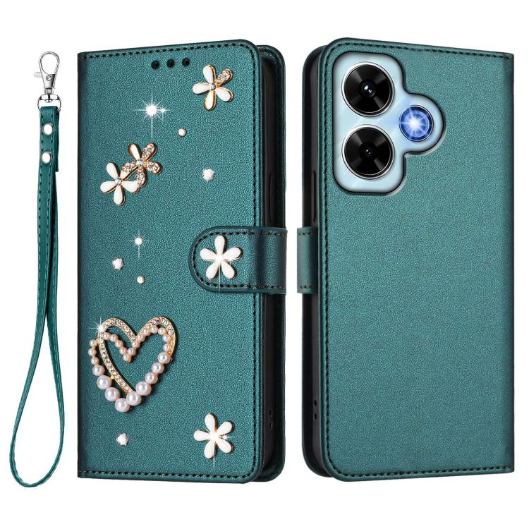 For Redmi Note 13 4G Global ZS01 Double-Layer Heart Floral Vegan Leather Phone Case with Wrist Strap