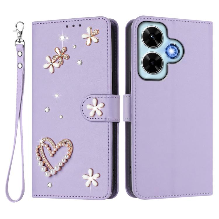 For Redmi Note 13 4G Global ZS01 Double-Layer Heart Floral Vegan Leather Phone Case with Wrist Strap