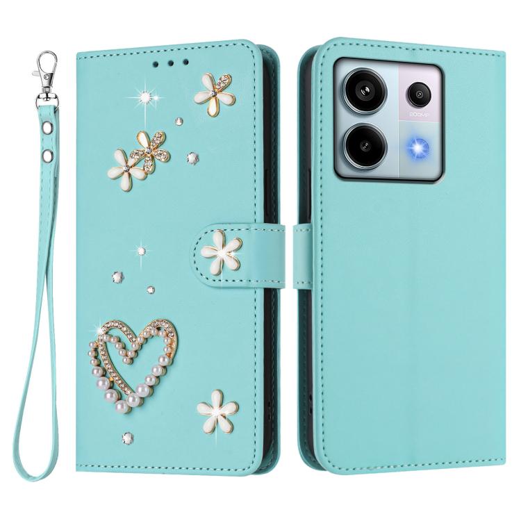 For Redmi Note 13 Pro 5G / Poco X6 5G ZS01 Double-Layer Heart Floral Vegan Leather Phone Case with Wrist Strap