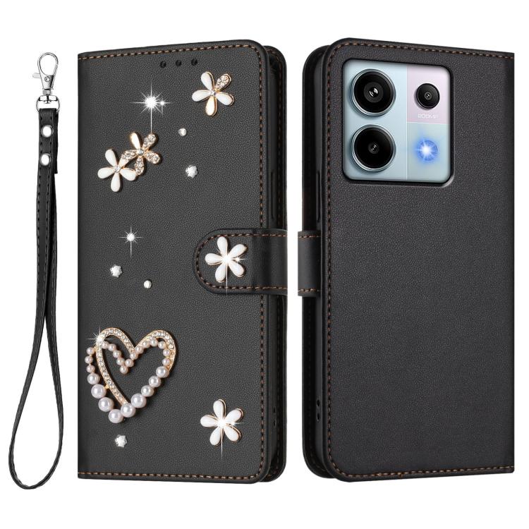 For Redmi Note 13 Pro 5G / Poco X6 5G ZS01 Double-Layer Heart Floral Vegan Leather Phone Case with Wrist Strap