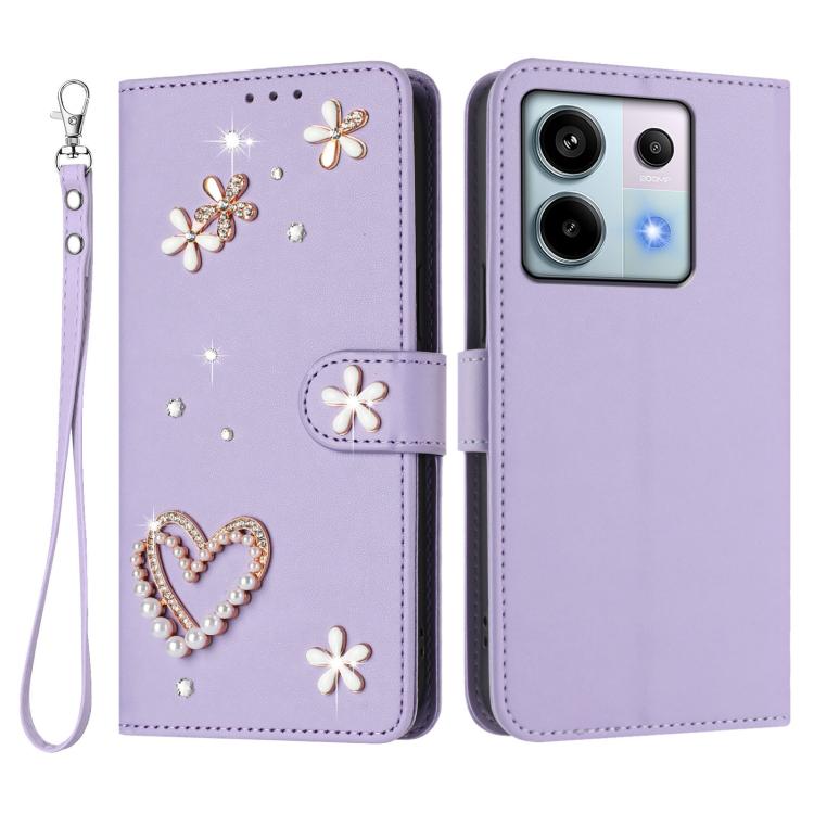 For Redmi Note 13 Pro 5G / Poco X6 5G ZS01 Double-Layer Heart Floral Vegan Leather Phone Case with Wrist Strap