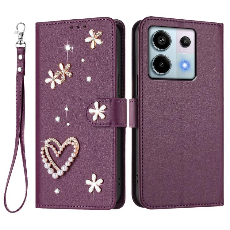 For Redmi Note 13 Pro 5G / Poco X6 5G ZS01 Double-Layer Heart Floral Vegan Leather Phone Case with Wrist Strap