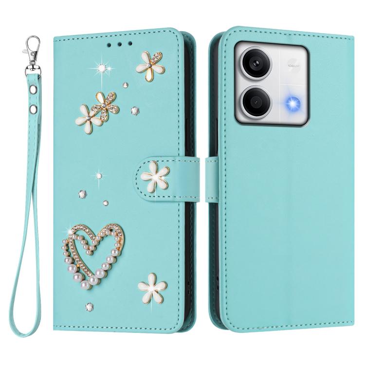 For Redmi Note 13 5G Global ZS01 Double-Layer Heart Floral Vegan Leather Phone Case with Wrist Strap