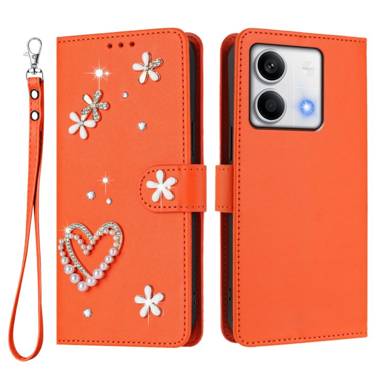 For Redmi Note 13 5G Global ZS01 Double-Layer Heart Floral Vegan Leather Phone Case with Wrist Strap