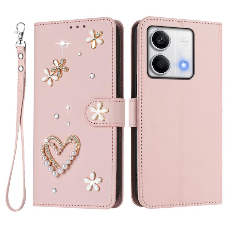 For Redmi Note 13 5G Global ZS01 Double-Layer Heart Floral Vegan Leather Phone Case with Wrist Strap