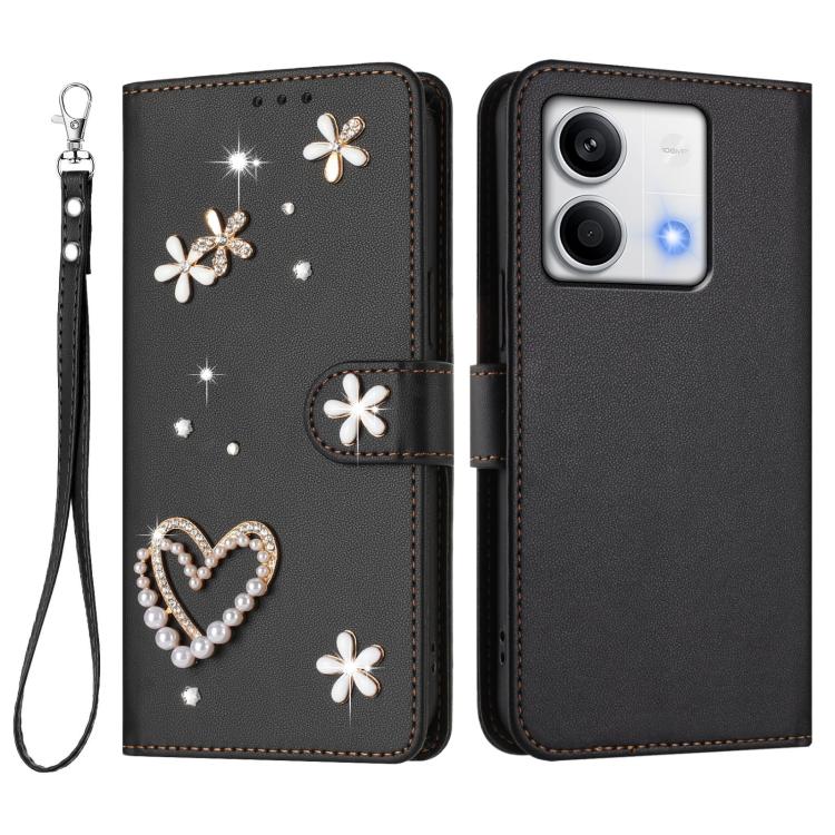For Redmi Note 13 5G Global ZS01 Double-Layer Heart Floral Vegan Leather Phone Case with Wrist Strap