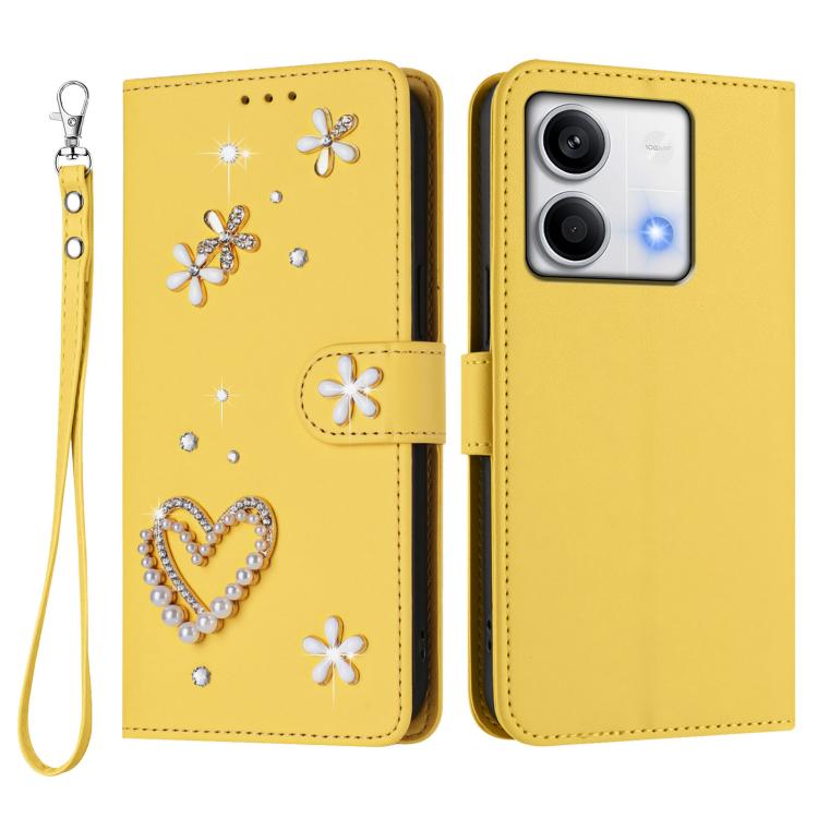 For Redmi Note 13 5G Global ZS01 Double-Layer Heart Floral Vegan Leather Phone Case with Wrist Strap