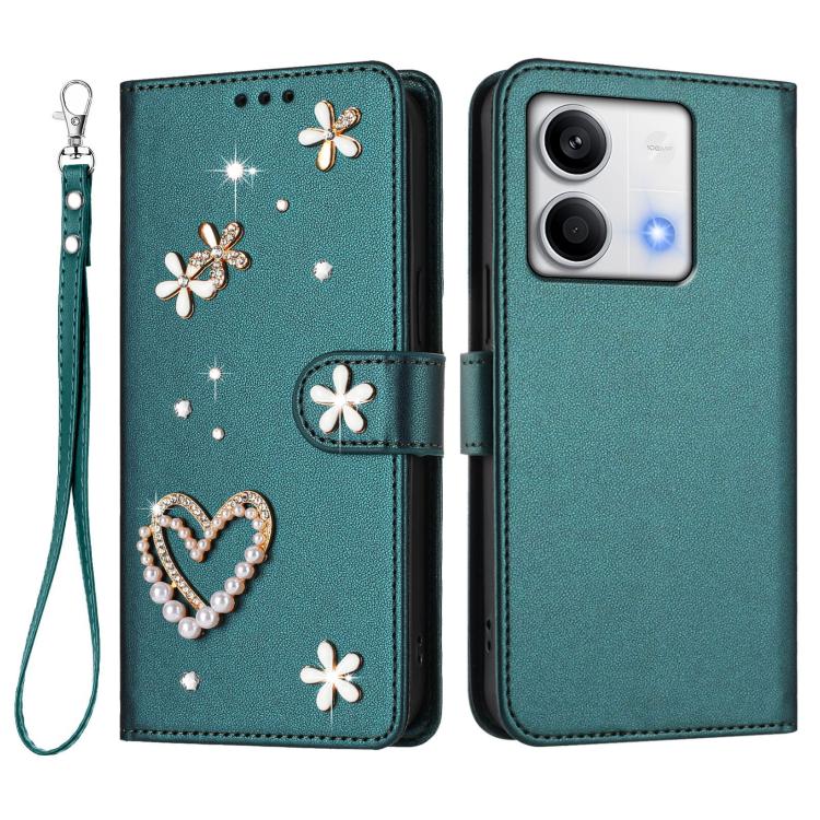 For Redmi Note 13 5G Global ZS01 Double-Layer Heart Floral Vegan Leather Phone Case with Wrist Strap