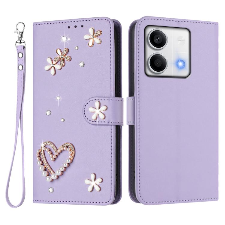 For Redmi Note 13 5G Global ZS01 Double-Layer Heart Floral Vegan Leather Phone Case with Wrist Strap