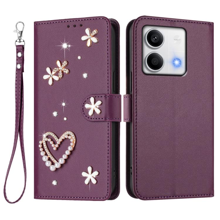 For Redmi Note 13 5G Global ZS01 Double-Layer Heart Floral Vegan Leather Phone Case with Wrist Strap