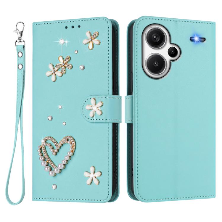 For Redmi Note 13 Pro+ 5G ZS01 Double-Layer Heart Floral Vegan Leather Phone Case with Wrist Strap