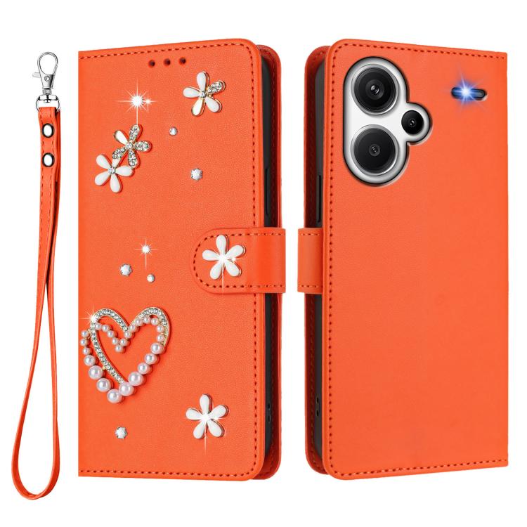 For Redmi Note 13 Pro+ 5G ZS01 Double-Layer Heart Floral Vegan Leather Phone Case with Wrist Strap