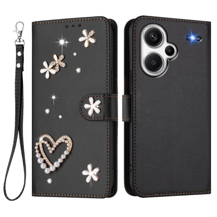 For Redmi Note 13 Pro+ 5G ZS01 Double-Layer Heart Floral Vegan Leather Phone Case with Wrist Strap