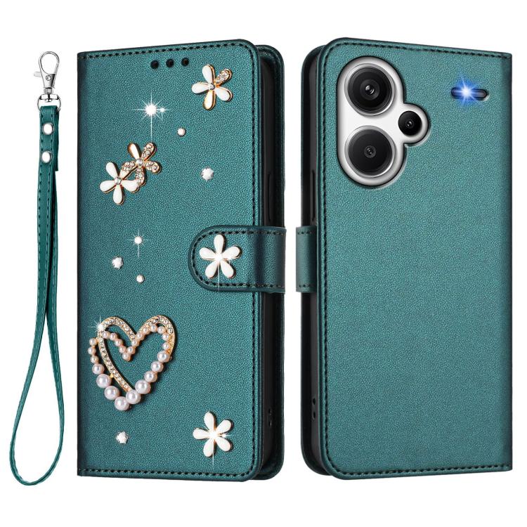 For Redmi Note 13 Pro+ 5G ZS01 Double-Layer Heart Floral Vegan Leather Phone Case with Wrist Strap
