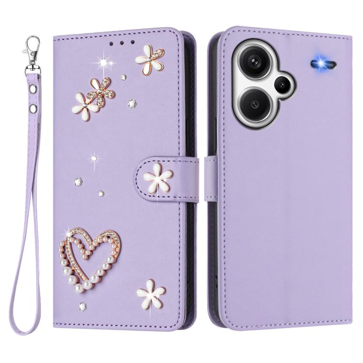 For Redmi Note 13 Pro+ 5G ZS01 Double-Layer Heart Floral Vegan Leather Phone Case with Wrist Strap