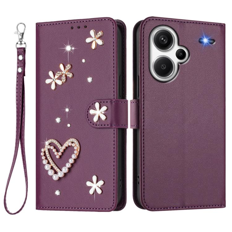 For Redmi Note 13 Pro+ 5G ZS01 Double-Layer Heart Floral Vegan Leather Phone Case with Wrist Strap