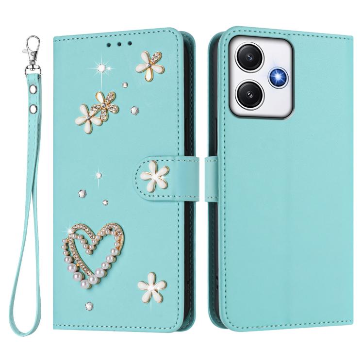 For Redmi 12 4G / 5G Global / Note 12R ZS01 Double-Layer Heart Floral Vegan Leather Phone Case with Wrist Strap
