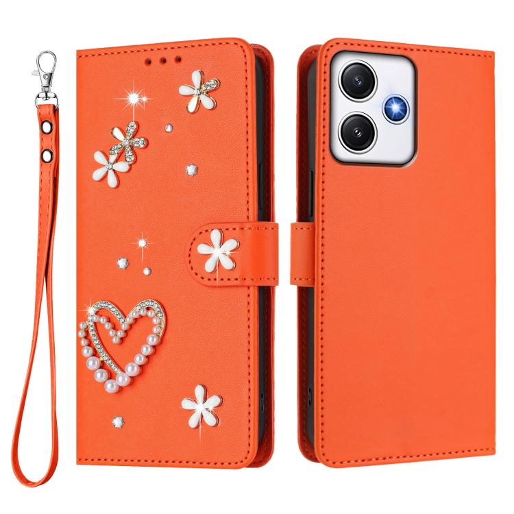 For Redmi 12 4G / 5G Global / Note 12R ZS01 Double-Layer Heart Floral Vegan Leather Phone Case with Wrist Strap