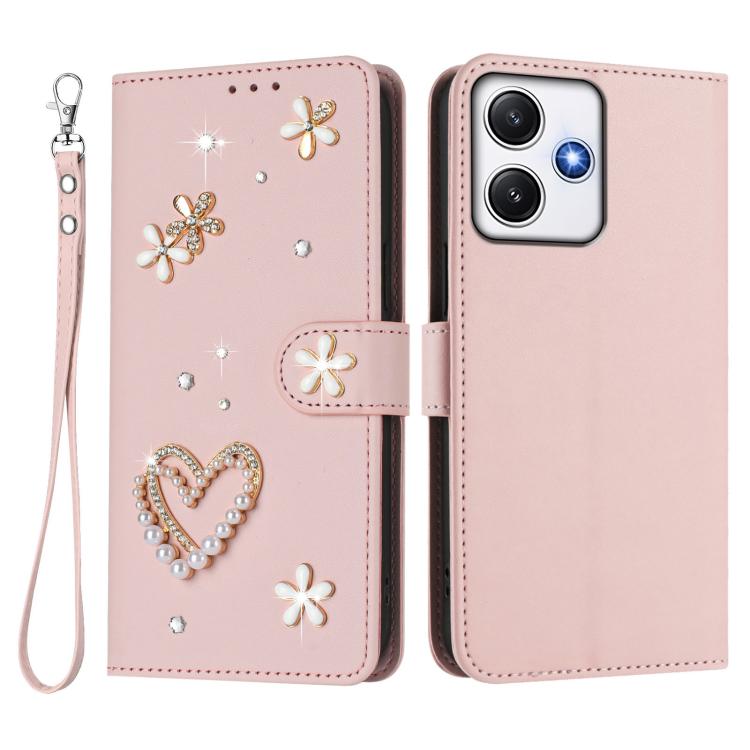 For Redmi 12 4G / 5G Global / Note 12R ZS01 Double-Layer Heart Floral Vegan Leather Phone Case with Wrist Strap