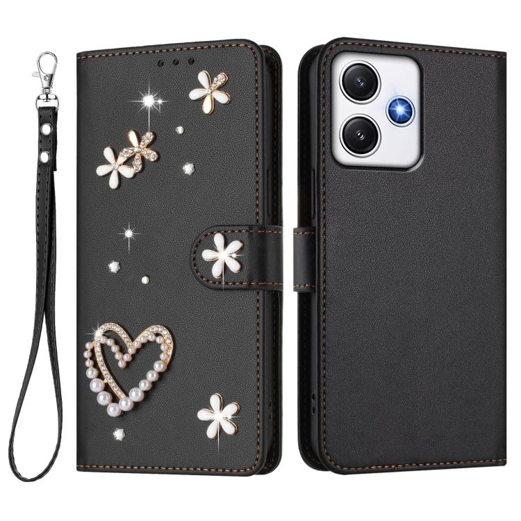 For Redmi 12 4G / 5G Global / Note 12R ZS01 Double-Layer Heart Floral Vegan Leather Phone Case with Wrist Strap