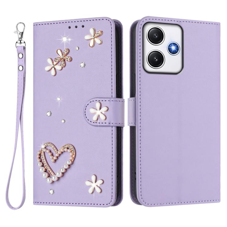 For Redmi 12 4G / 5G Global / Note 12R ZS01 Double-Layer Heart Floral Vegan Leather Phone Case with Wrist Strap