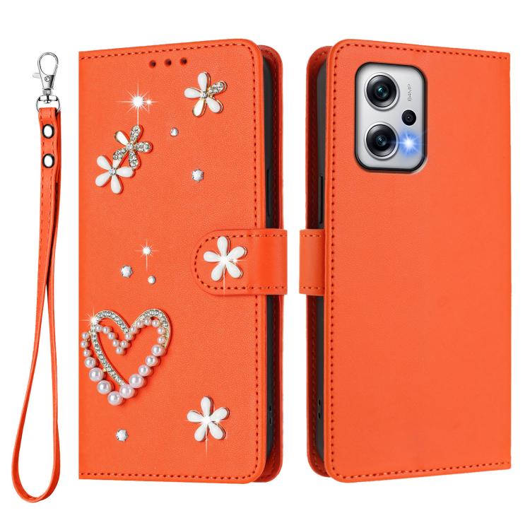 For Redmi Note 12T Pro / K50i / Poco X4 GT ZS01 Double-Layer Heart Floral Vegan Leather Phone Case with Wrist Strap