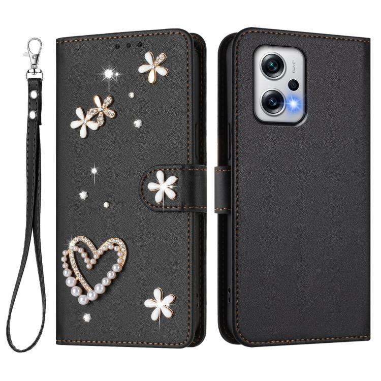 For Redmi Note 12T Pro / K50i / Poco X4 GT ZS01 Double-Layer Heart Floral Vegan Leather Phone Case with Wrist Strap