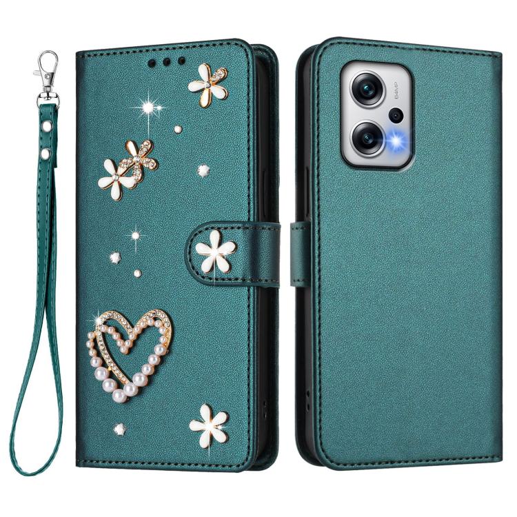 For Redmi Note 12T Pro / K50i / Poco X4 GT ZS01 Double-Layer Heart Floral Vegan Leather Phone Case with Wrist Strap