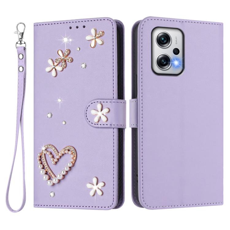 For Redmi Note 12T Pro / K50i / Poco X4 GT ZS01 Double-Layer Heart Floral Vegan Leather Phone Case with Wrist Strap
