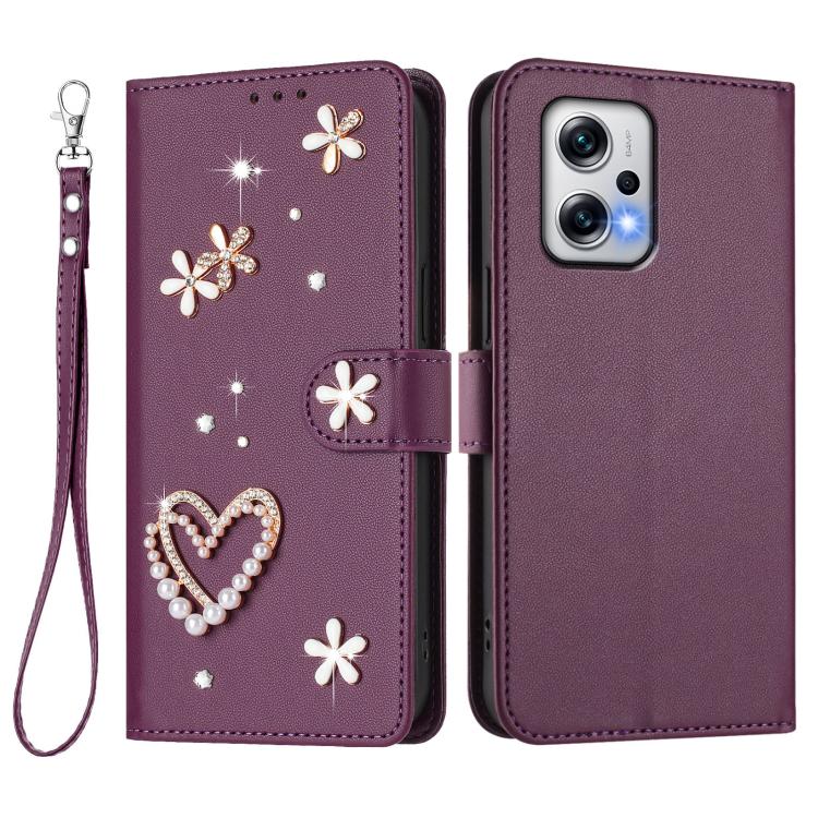 For Redmi Note 12T Pro / K50i / Poco X4 GT ZS01 Double-Layer Heart Floral Vegan Leather Phone Case with Wrist Strap