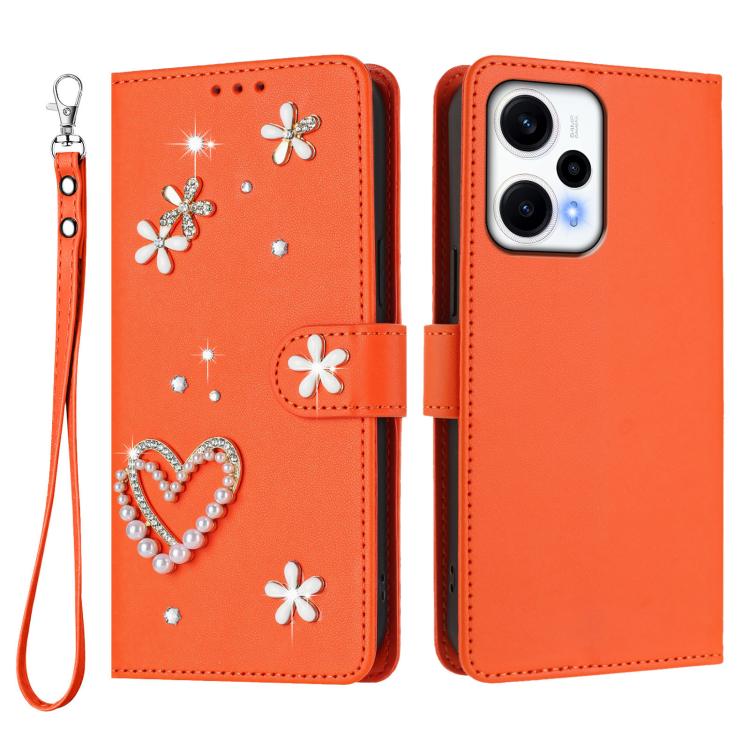 For Redmi Note 12 Turbo / Poco F5 ZS01 Double-Layer Heart Floral Vegan Leather Phone Case with Wrist Strap