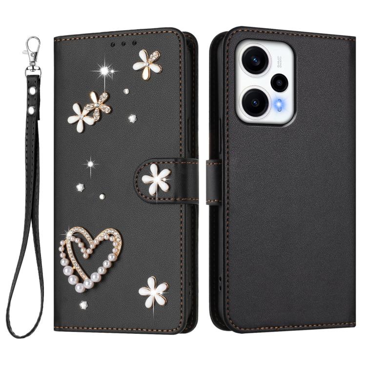 For Redmi Note 12 Turbo / Poco F5 ZS01 Double-Layer Heart Floral Vegan Leather Phone Case with Wrist Strap