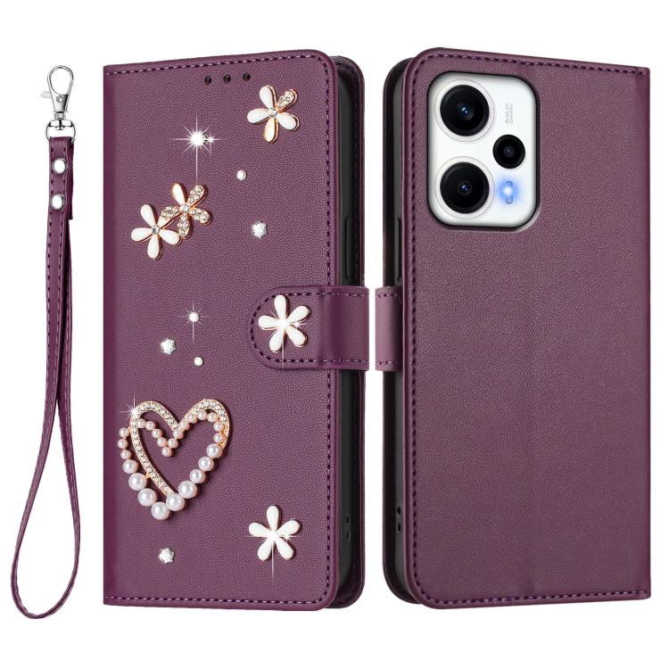 For Redmi Note 12 Turbo / Poco F5 ZS01 Double-Layer Heart Floral Vegan Leather Phone Case with Wrist Strap
