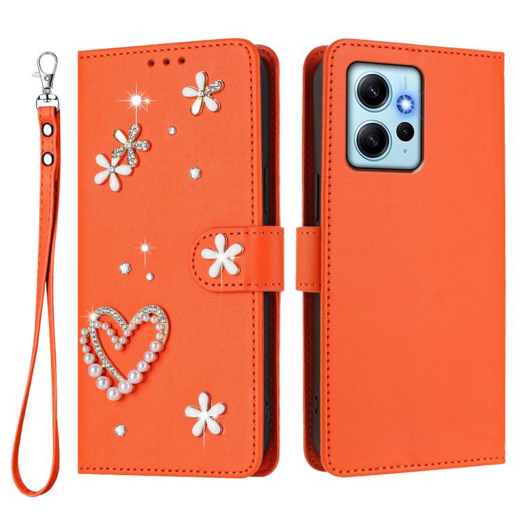 For Redmi Note 12 4G Global ZS01 Double-Layer Heart Floral Vegan Leather Phone Case with Wrist Strap