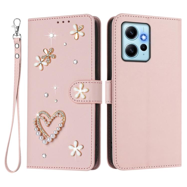 For Redmi Note 12 4G Global ZS01 Double-Layer Heart Floral Vegan Leather Phone Case with Wrist Strap