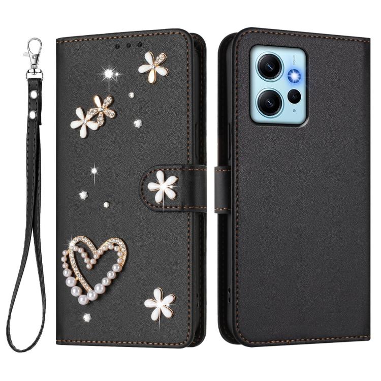 For Redmi Note 12 4G Global ZS01 Double-Layer Heart Floral Vegan Leather Phone Case with Wrist Strap