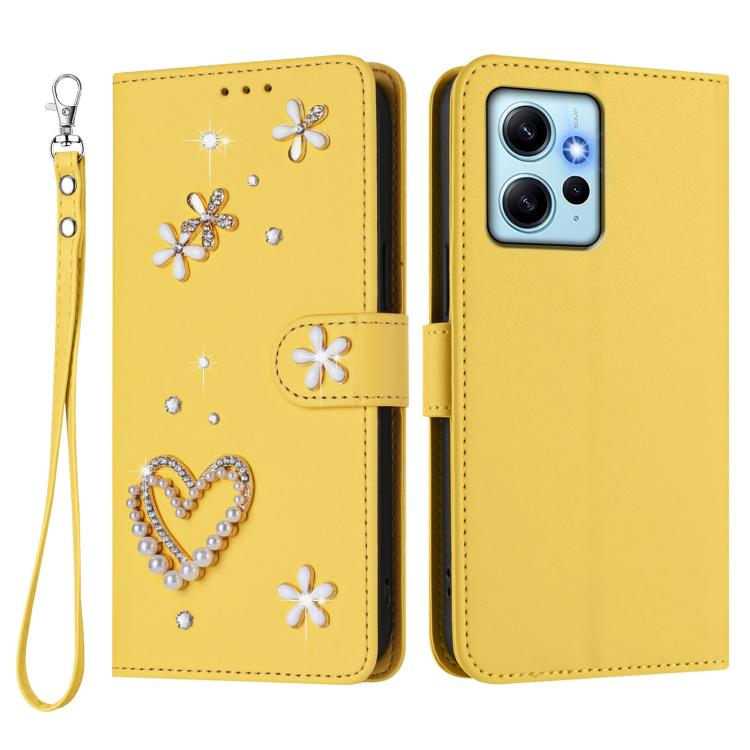 For Redmi Note 12 4G Global ZS01 Double-Layer Heart Floral Vegan Leather Phone Case with Wrist Strap