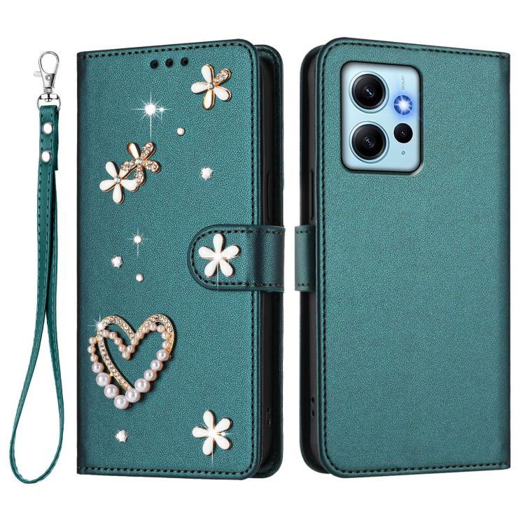 For Redmi Note 12 4G Global ZS01 Double-Layer Heart Floral Vegan Leather Phone Case with Wrist Strap
