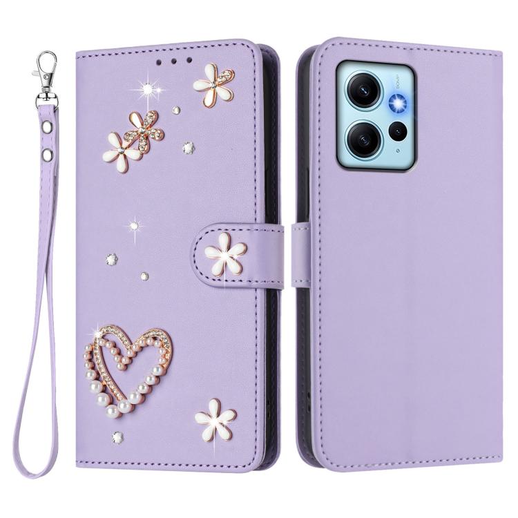 For Redmi Note 12 4G Global ZS01 Double-Layer Heart Floral Vegan Leather Phone Case with Wrist Strap
