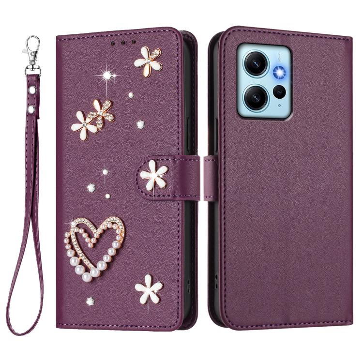 For Redmi Note 12 4G Global ZS01 Double-Layer Heart Floral Vegan Leather Phone Case with Wrist Strap