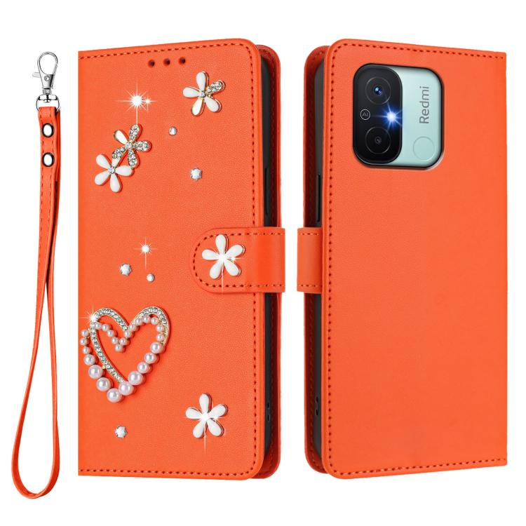 For Redmi 11A / Xiaomi Poco C55 ZS01 Double-Layer Heart Floral Vegan Leather Phone Case with Wrist Strap
