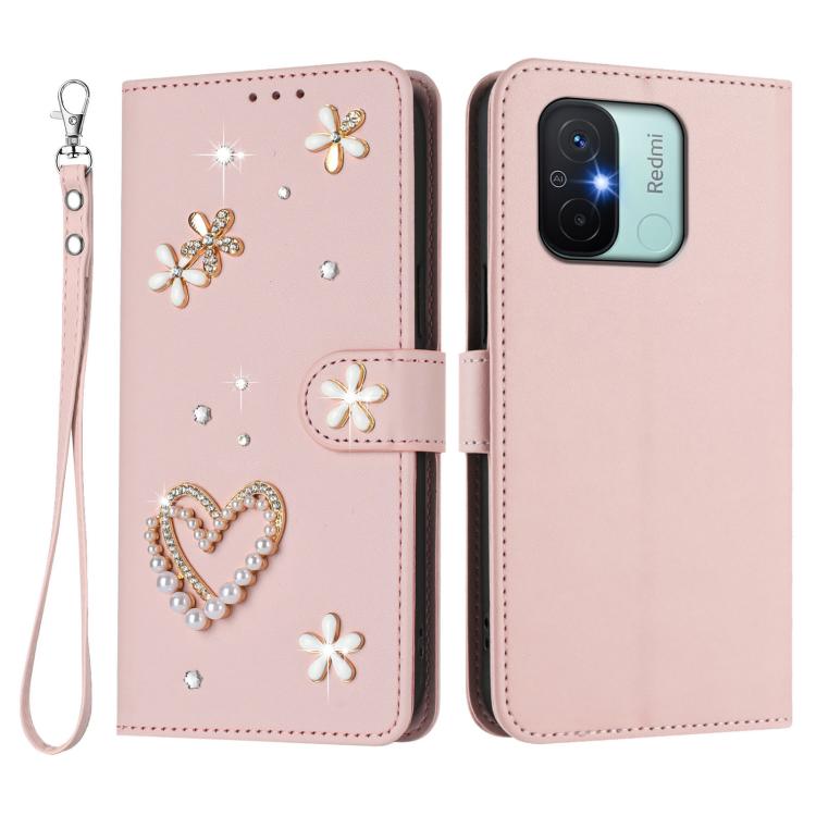 For Redmi 11A / Xiaomi Poco C55 ZS01 Double-Layer Heart Floral Vegan Leather Phone Case with Wrist Strap