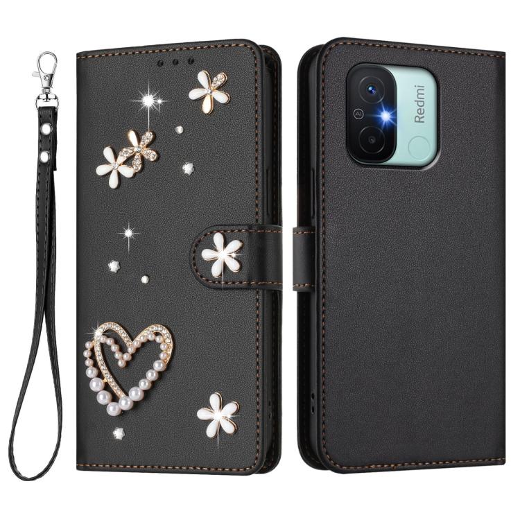 For Redmi 11A / Xiaomi Poco C55 ZS01 Double-Layer Heart Floral Vegan Leather Phone Case with Wrist Strap
