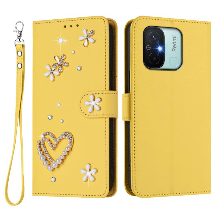 For Redmi 11A / Xiaomi Poco C55 ZS01 Double-Layer Heart Floral Vegan Leather Phone Case with Wrist Strap