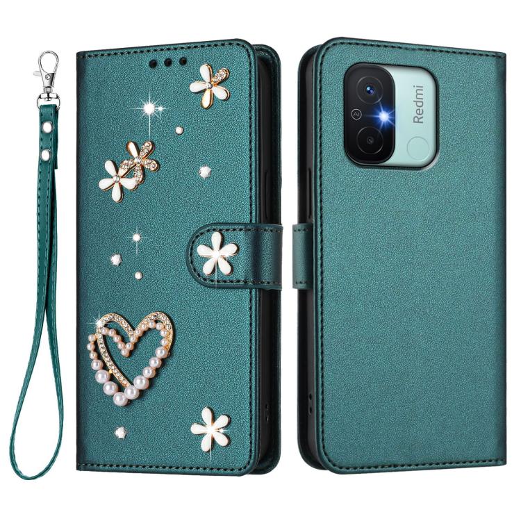 For Redmi 11A / Xiaomi Poco C55 ZS01 Double-Layer Heart Floral Vegan Leather Phone Case with Wrist Strap