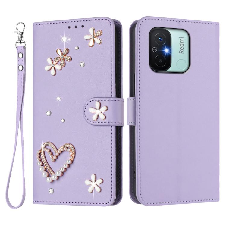 For Redmi 11A / Xiaomi Poco C55 ZS01 Double-Layer Heart Floral Vegan Leather Phone Case with Wrist Strap
